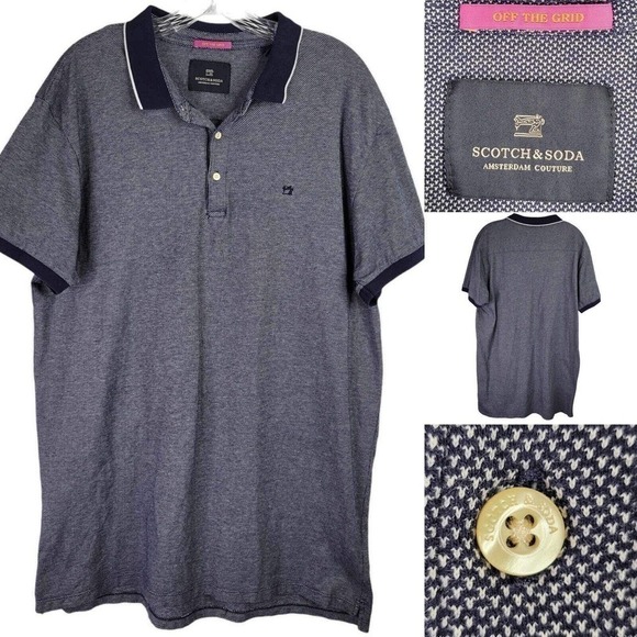 Scotch & Soda Polo Shirt Off The Grid Men's 2XL Navy White Textured Short Sleeve - Picture 1 of 11